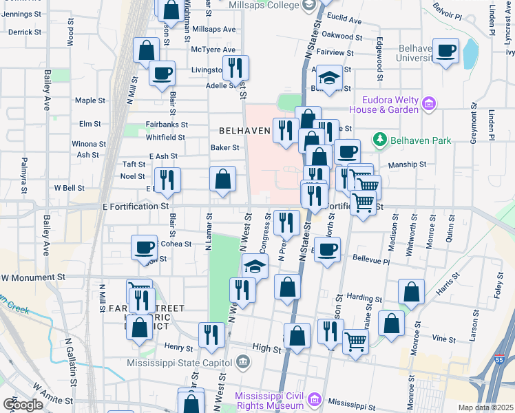 map of restaurants, bars, coffee shops, grocery stores, and more near 412 East Fortification Street in Jackson