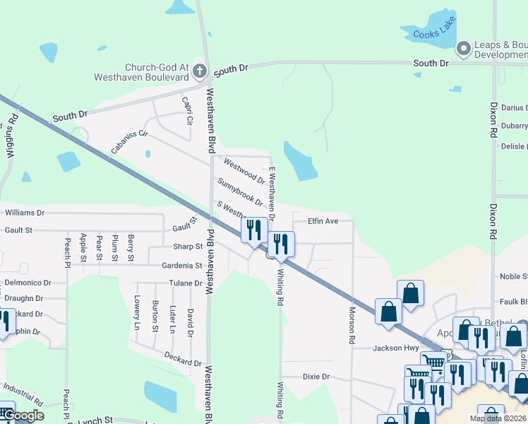 map of restaurants, bars, coffee shops, grocery stores, and more near 4808 South Westhaven Drive in Jackson