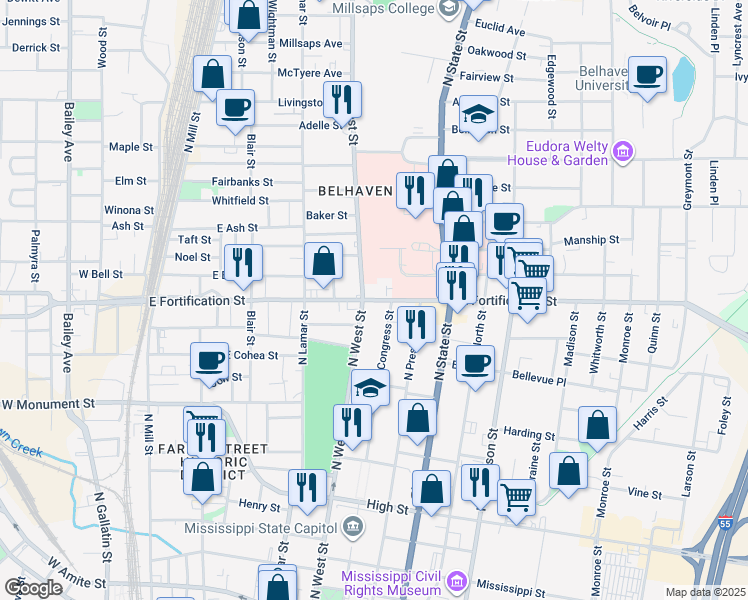 map of restaurants, bars, coffee shops, grocery stores, and more near 412 East Fortification Street in Jackson