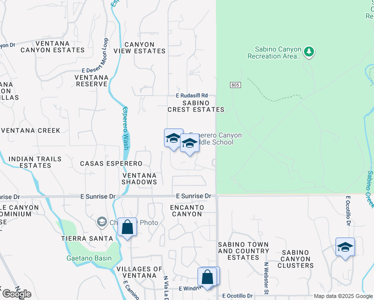 map of restaurants, bars, coffee shops, grocery stores, and more near 5725 North Sabino Canyon Road in Tucson