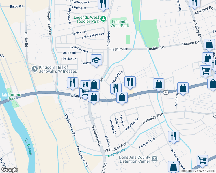 map of restaurants, bars, coffee shops, grocery stores, and more near 2404 Moon River Loop in Las Cruces