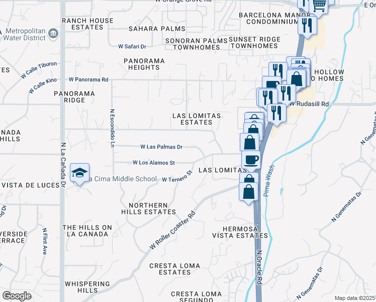 map of restaurants, bars, coffee shops, grocery stores, and more near 920 West Las Palmas Drive in Tucson