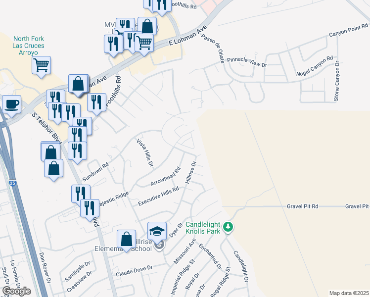 map of restaurants, bars, coffee shops, grocery stores, and more near 951 Roadrunner Circle in Las Cruces