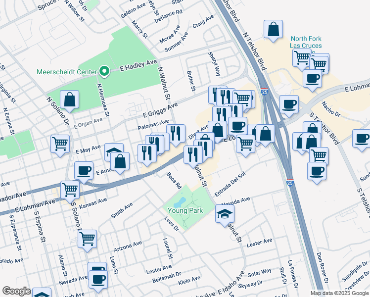 map of restaurants, bars, coffee shops, grocery stores, and more near 2135 East Lohman Avenue in Las Cruces