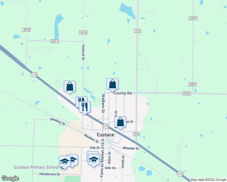 map of restaurants, bars, coffee shops, grocery stores, and more near 306 County Road in Eustace