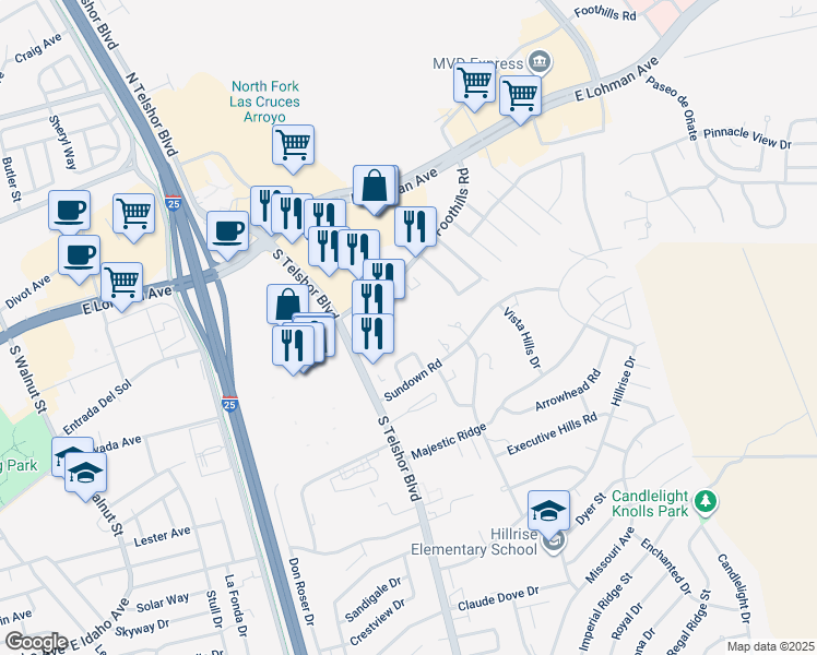 map of restaurants, bars, coffee shops, grocery stores, and more near 3500 Foothills Road in Las Cruces