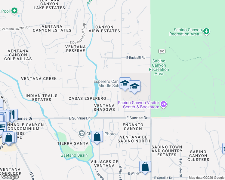 map of restaurants, bars, coffee shops, grocery stores, and more near 5865 North Sabino Shadow Lane in Tucson