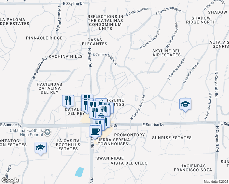 map of restaurants, bars, coffee shops, grocery stores, and more near 5820 North Camino Esplendora in Tucson