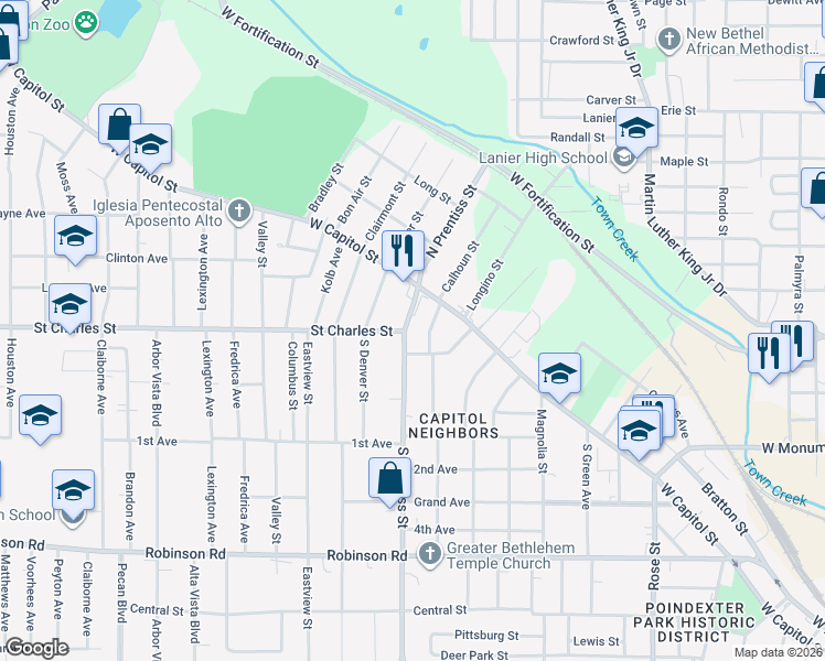 map of restaurants, bars, coffee shops, grocery stores, and more near 133 South Prentiss Street in Jackson