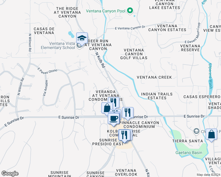 map of restaurants, bars, coffee shops, grocery stores, and more near 5855 North Kolb Road in Tucson