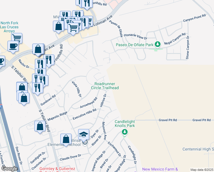 map of restaurants, bars, coffee shops, grocery stores, and more near 980 Majestic Shadow Loop in Las Cruces