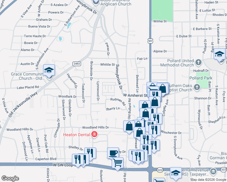 map of restaurants, bars, coffee shops, grocery stores, and more near 3300 Parliament Drive in Tyler