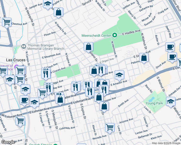 map of restaurants, bars, coffee shops, grocery stores, and more near 1300 East Organ Avenue in Las Cruces
