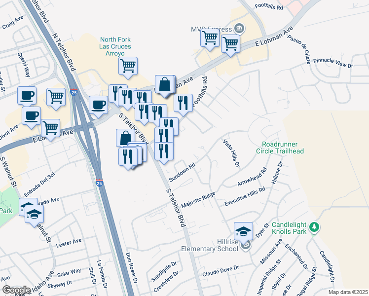map of restaurants, bars, coffee shops, grocery stores, and more near 3500 Foothills Road in Las Cruces