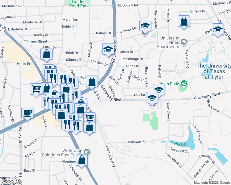 map of restaurants, bars, coffee shops, grocery stores, and more near 3306 Greg Lane in Tyler