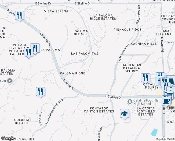 map of restaurants, bars, coffee shops, grocery stores, and more near 5866 Bright Star Drive in Tucson