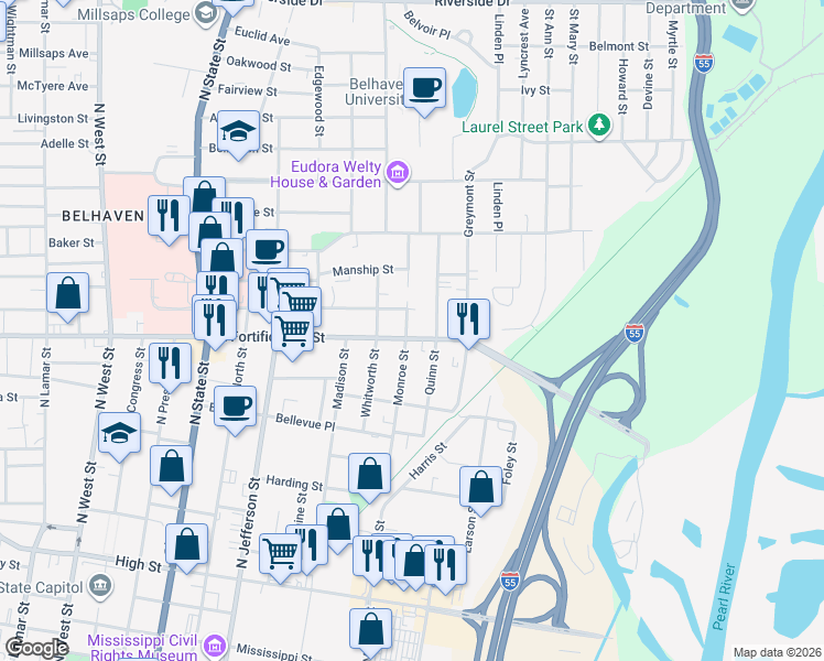 map of restaurants, bars, coffee shops, grocery stores, and more near 1127 Quinn Street in Jackson