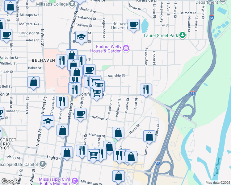 map of restaurants, bars, coffee shops, grocery stores, and more near 1033 Carlisle Street in Jackson