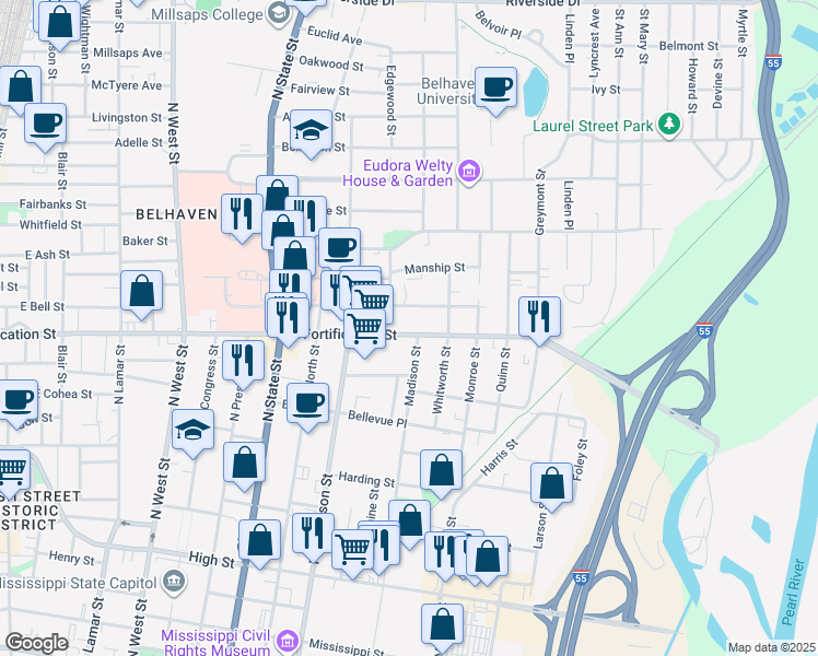 map of restaurants, bars, coffee shops, grocery stores, and more near 1033 Carlisle Street in Jackson
