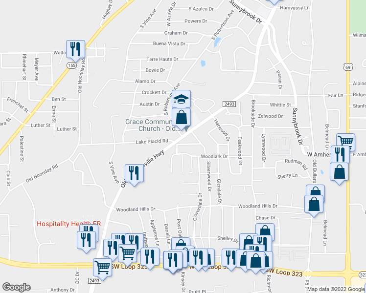 map of restaurants, bars, coffee shops, grocery stores, and more near 1220 Brookshire Drive in Tyler