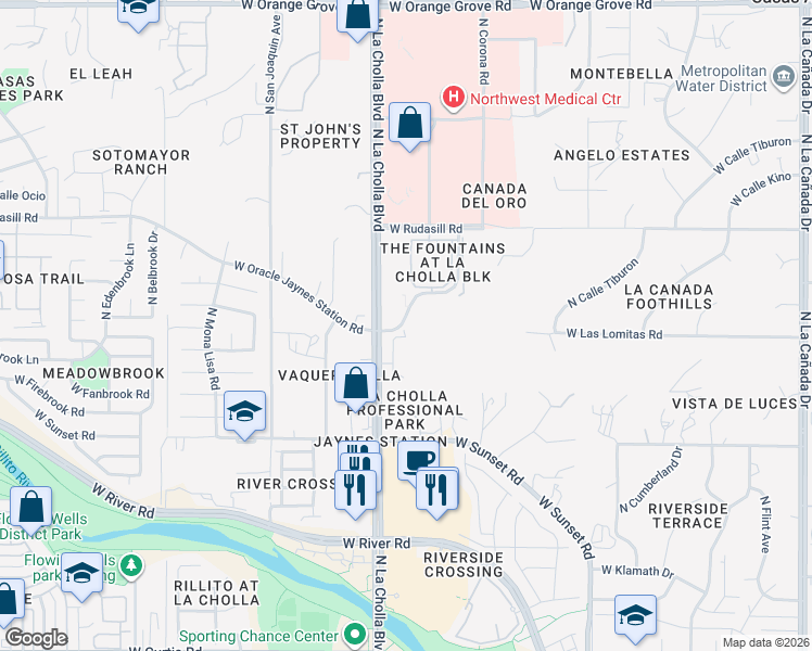 map of restaurants, bars, coffee shops, grocery stores, and more near 5750 North La Cholla Boulevard in Tucson