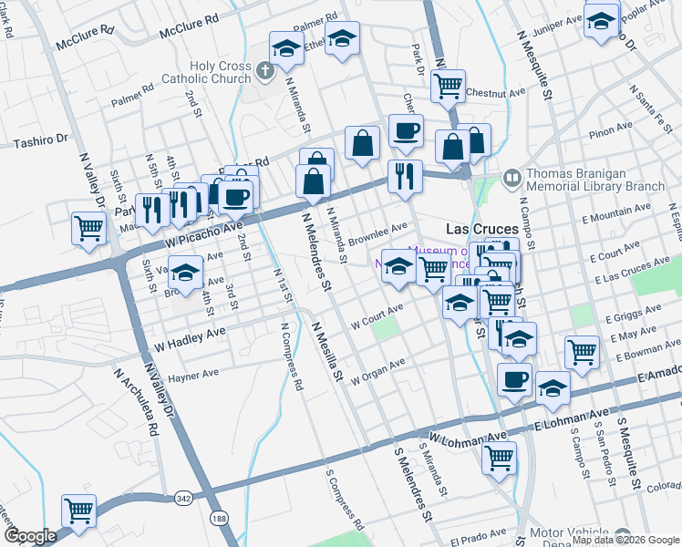 map of restaurants, bars, coffee shops, grocery stores, and more near 600 West Mountain Avenue in Las Cruces
