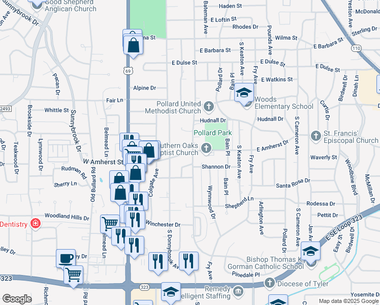map of restaurants, bars, coffee shops, grocery stores, and more near 3200 New Copeland Road in Tyler