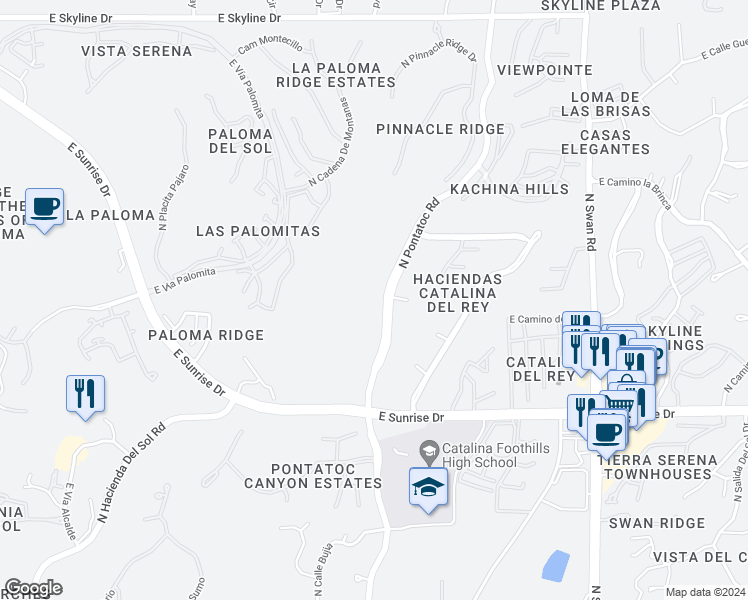 map of restaurants, bars, coffee shops, grocery stores, and more near 5843 North Pontatoc Road in Tucson