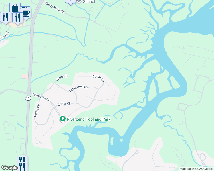 map of restaurants, bars, coffee shops, grocery stores, and more near 130 Cutter Circle in Bluffton