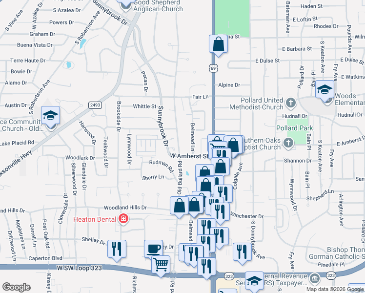map of restaurants, bars, coffee shops, grocery stores, and more near 402 Greenway Circle in Tyler