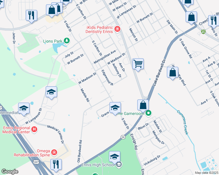 map of restaurants, bars, coffee shops, grocery stores, and more near 1200 South Hall Street in Ennis