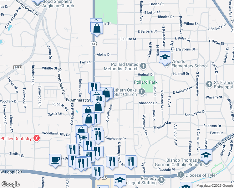 map of restaurants, bars, coffee shops, grocery stores, and more near 3229 South Donnybrook Avenue in Tyler