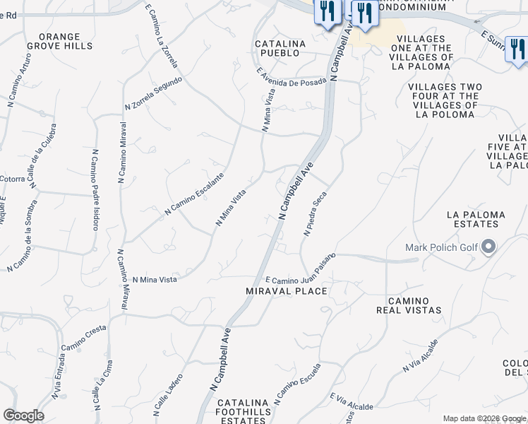 map of restaurants, bars, coffee shops, grocery stores, and more near 5775 North Campbell Avenue in Tucson