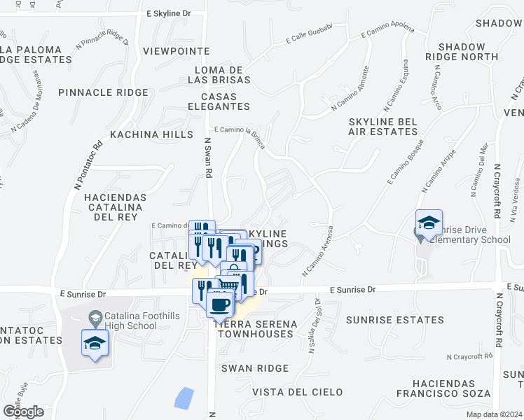 map of restaurants, bars, coffee shops, grocery stores, and more near 5820 North Camino Esplendora in Tucson
