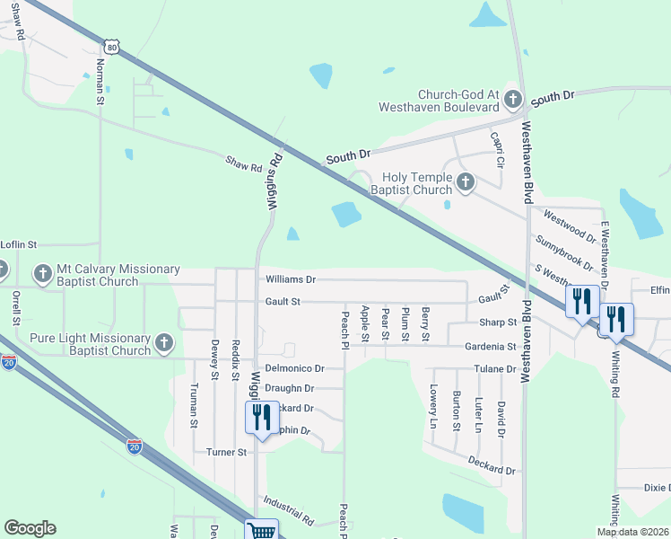map of restaurants, bars, coffee shops, grocery stores, and more near 5416 Williams Drive in Jackson