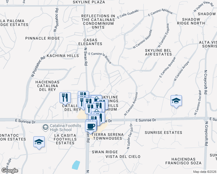 map of restaurants, bars, coffee shops, grocery stores, and more near 5820 North Camino Esplendora in Tucson