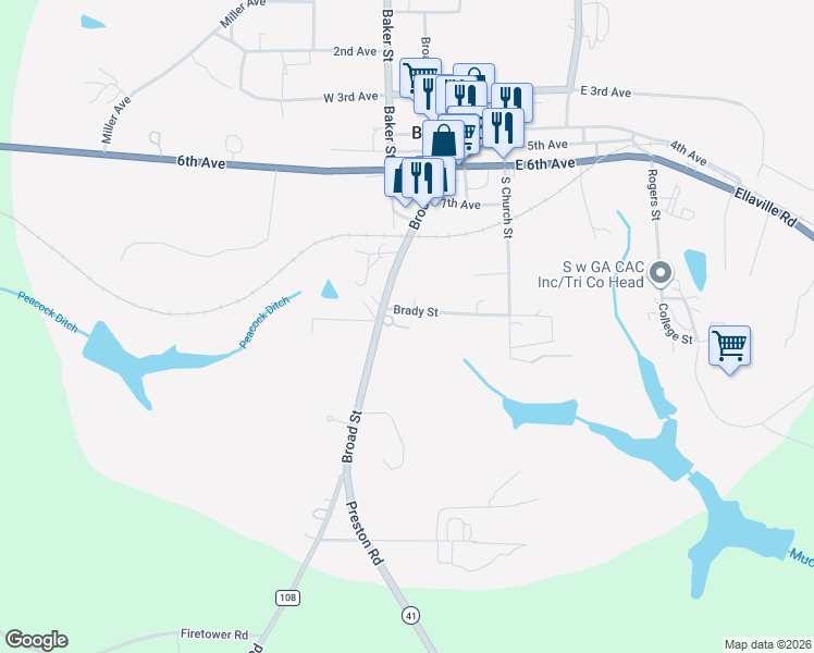 map of restaurants, bars, coffee shops, grocery stores, and more near 111 Brady Street in Buena Vista