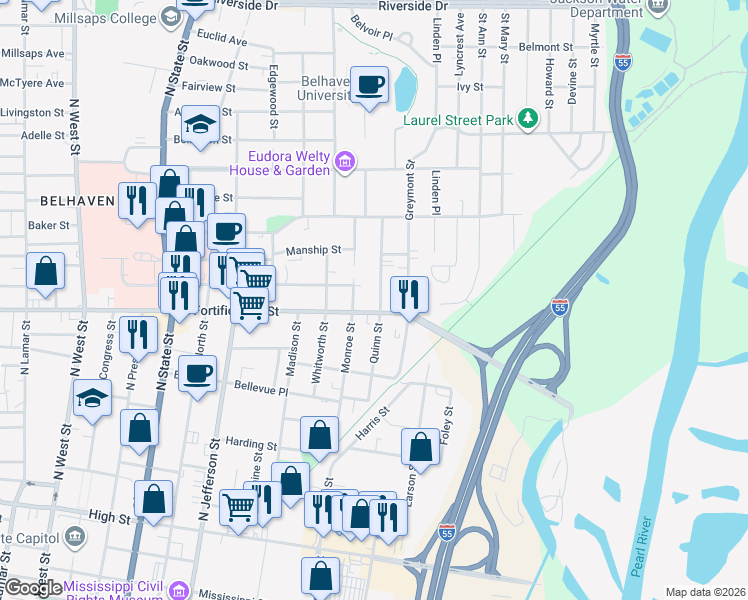 map of restaurants, bars, coffee shops, grocery stores, and more near 1127 Quinn Street in Jackson