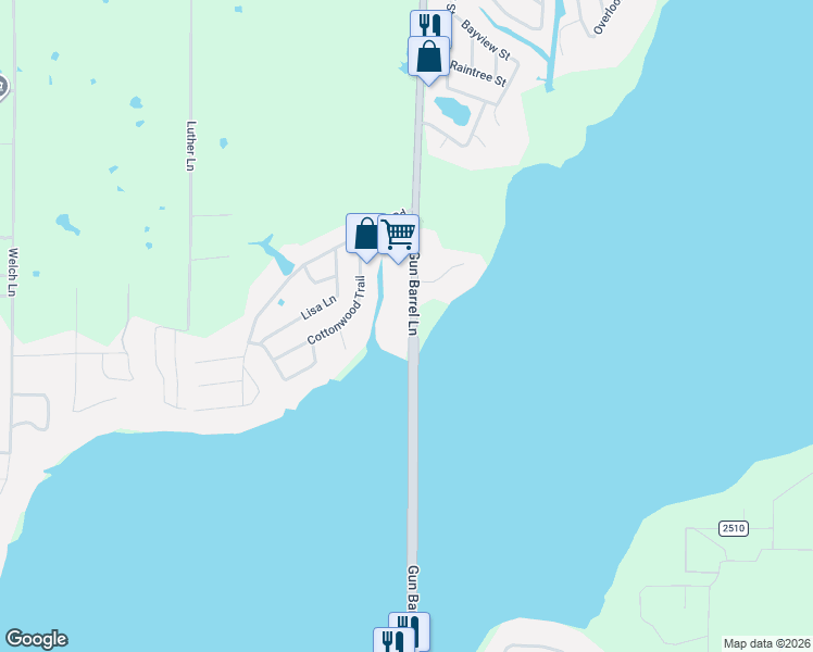 map of restaurants, bars, coffee shops, grocery stores, and more near 849 Gun Barrel Lane in Gun Barrel City