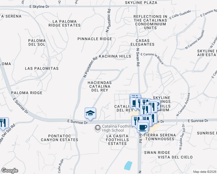 map of restaurants, bars, coffee shops, grocery stores, and more near 5846 North Camino Del Conde in Tucson
