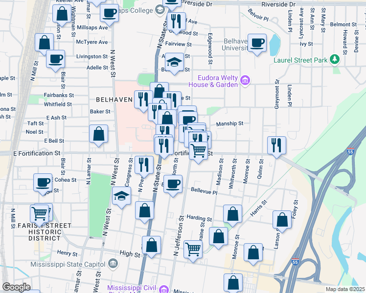 map of restaurants, bars, coffee shops, grocery stores, and more near 851 Carlisle Street in Jackson