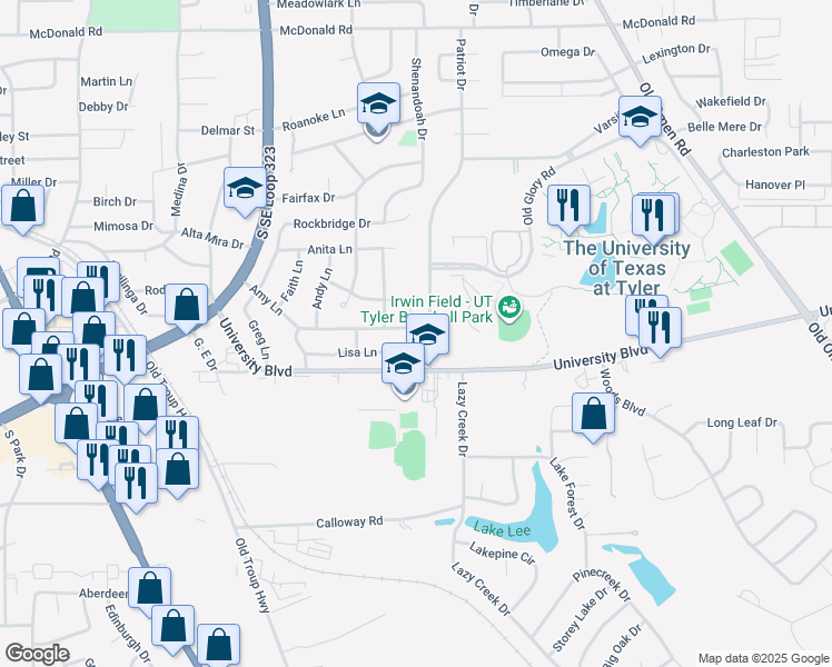 map of restaurants, bars, coffee shops, grocery stores, and more near 3302 Shenandoah Drive in Tyler