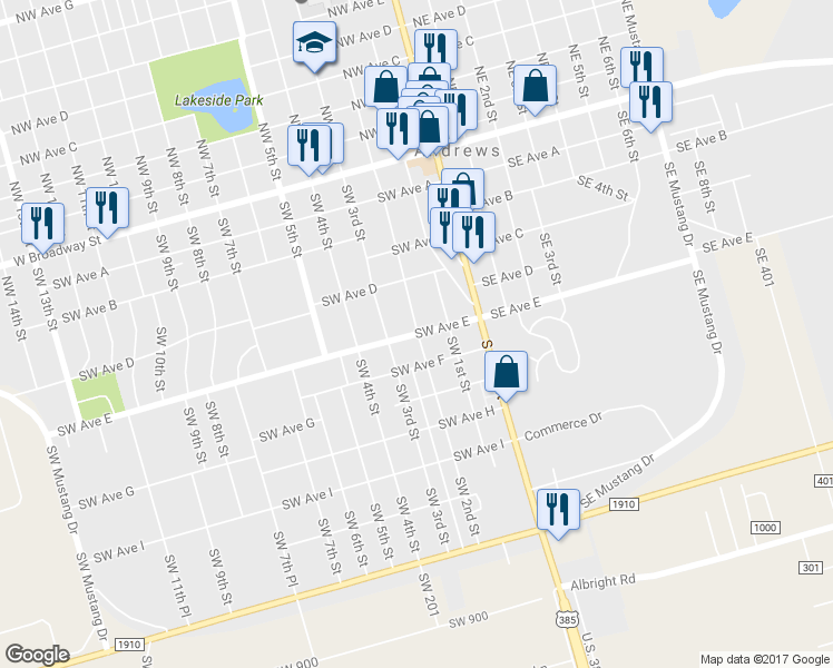 map of restaurants, bars, coffee shops, grocery stores, and more near 304 Southwest Avenue East in Andrews