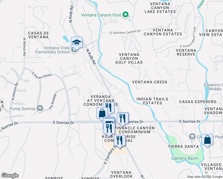 map of restaurants, bars, coffee shops, grocery stores, and more near 5800 North Kolb Road in Tucson