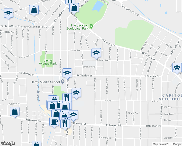 map of restaurants, bars, coffee shops, grocery stores, and more near 2502 Saint Charles Street in Jackson