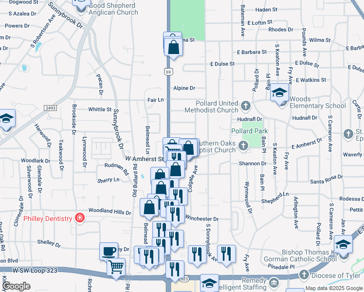 map of restaurants, bars, coffee shops, grocery stores, and more near 3310 South Broadway Avenue in Tyler