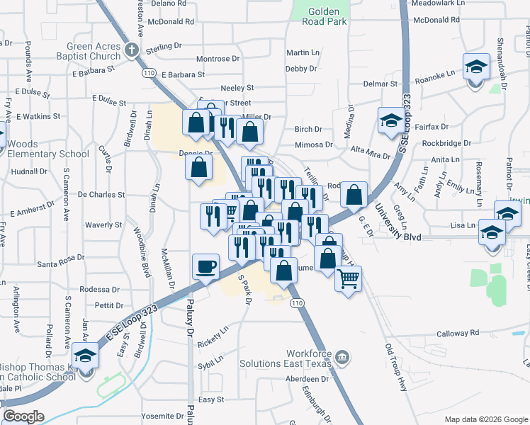 map of restaurants, bars, coffee shops, grocery stores, and more near 3314 Troup Highway in Tyler