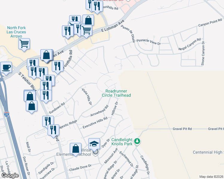 map of restaurants, bars, coffee shops, grocery stores, and more near 3347 Majestic Shadow Way in Las Cruces