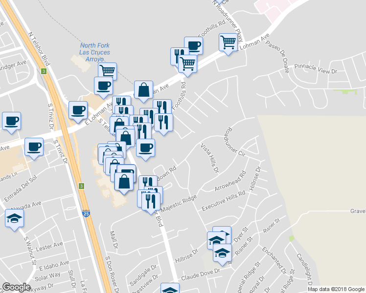 map of restaurants, bars, coffee shops, grocery stores, and more near 3115 Sundown Road in Las Cruces