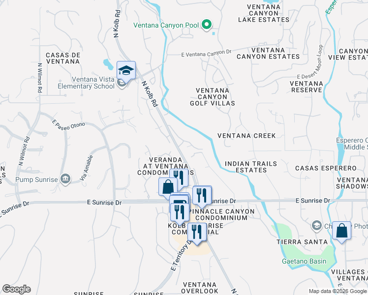 map of restaurants, bars, coffee shops, grocery stores, and more near 5800 North Kolb Road in Tucson